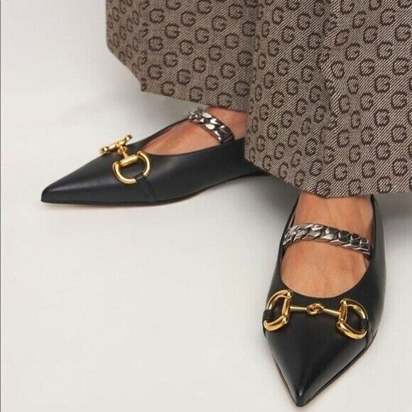 GUCCI Deva Red Lamb Leather Point Toe Horsebit Silver Chain Ballet Flats 35 - Picture 2 of 12